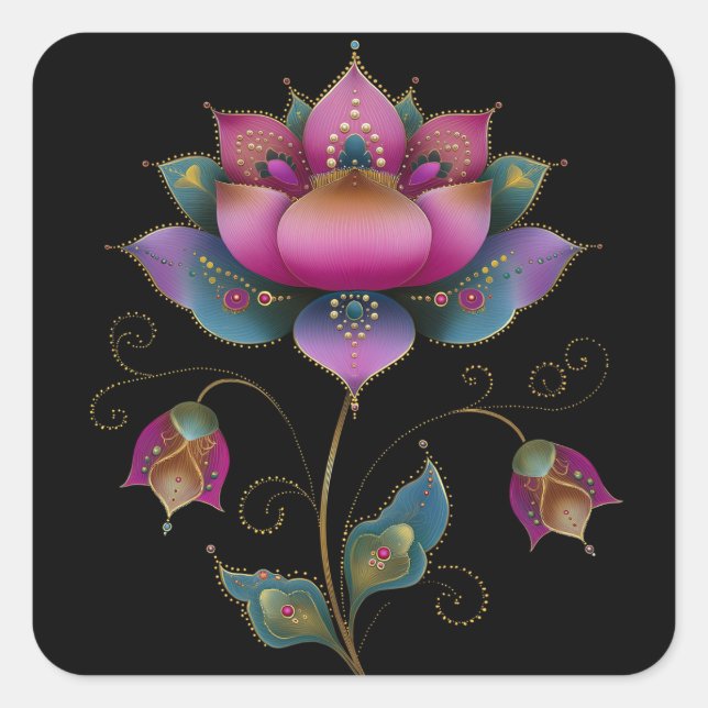 Vibrant Indian Mehndi Lotus Flower Pink Blue Gold  Square Sticker (Front)