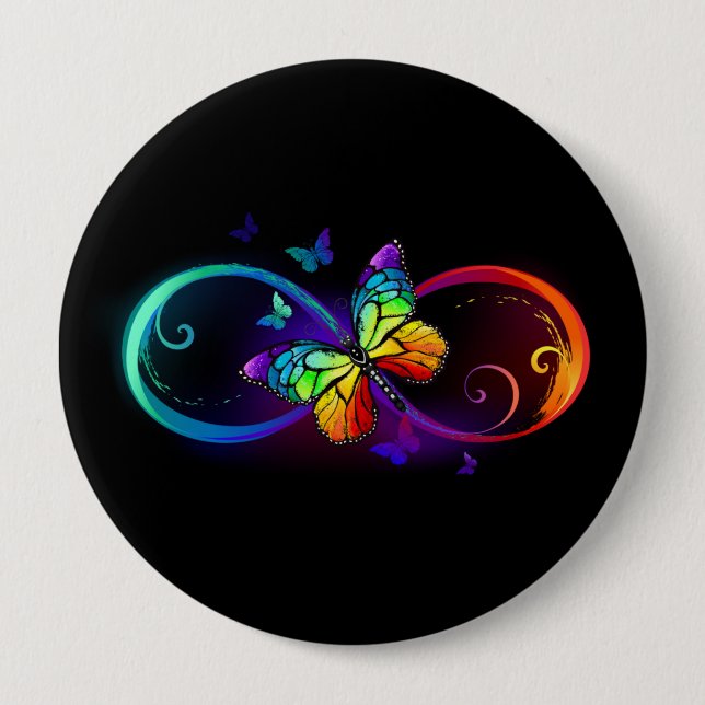 Vibrant infinity with rainbow butterfly on black  10 cm round badge (Front)