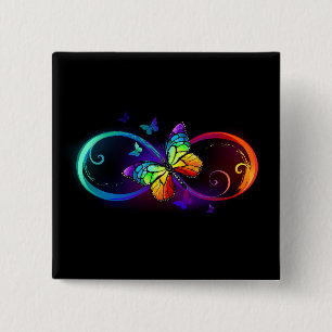 Vibrant infinity with rainbow butterfly on black  15 cm square badge
