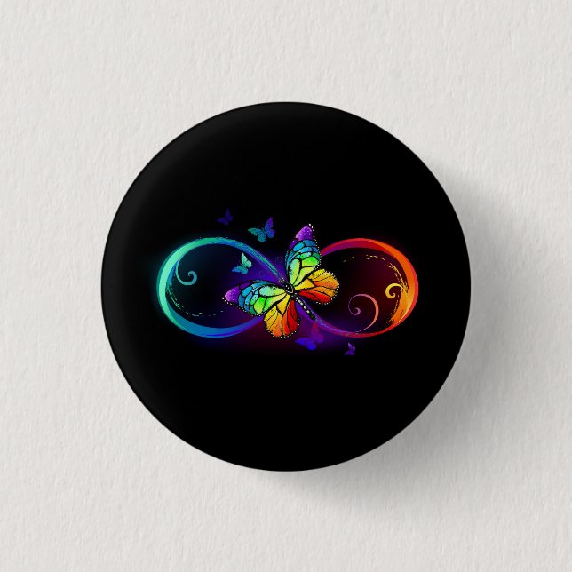 Vibrant infinity with rainbow butterfly on black 3 cm round badge (Front)
