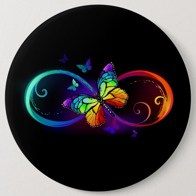 Vibrant infinity with rainbow butterfly on black 6 cm round badge (Front)