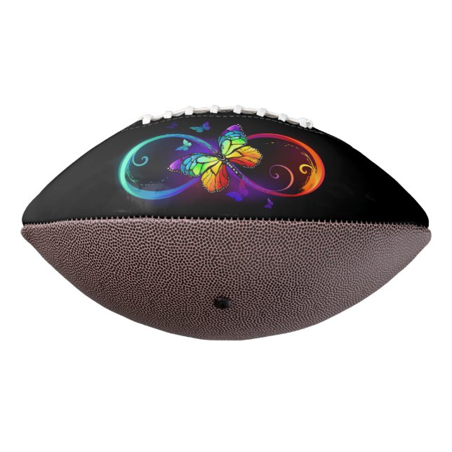 Vibrant infinity with rainbow butterfly on black american football (Rotated 270)