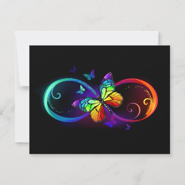 Vibrant infinity with rainbow butterfly on black announcement (Front)