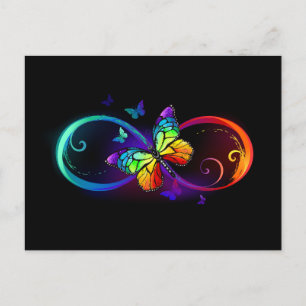 Vibrant infinity with rainbow butterfly on black announcement postcard