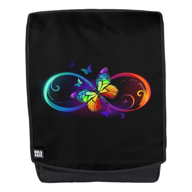 Vibrant infinity with rainbow butterfly on black backpack (Front)