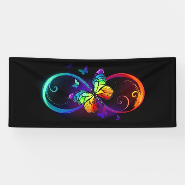 Vibrant infinity with rainbow butterfly on black banner (Horizontal)