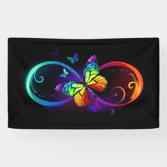 Vibrant infinity with rainbow butterfly on black banner (Horizontal)