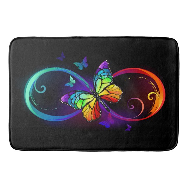 Vibrant infinity with rainbow butterfly on black bath mat (Front)