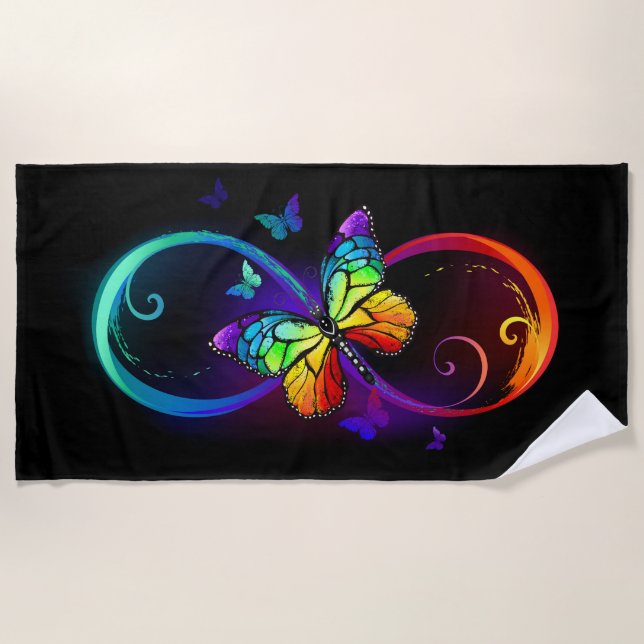 Vibrant infinity with rainbow butterfly on black beach towel (Front)