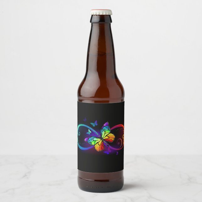 Vibrant infinity with rainbow butterfly on black beer bottle label (Front)