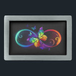 Vibrant infinity with rainbow butterfly on black belt buckle<br><div class="desc">Multicolor,  bright,  symbol of infinity with rainbow,  detailed butterfly monarch. Rainbow butterfly. Rainbow infinity.</div>