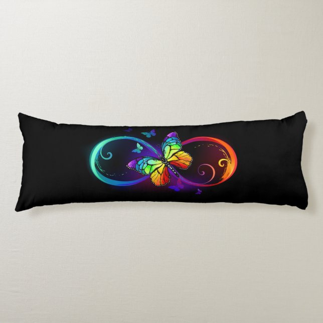 Vibrant infinity with rainbow butterfly on black body cushion (Front)