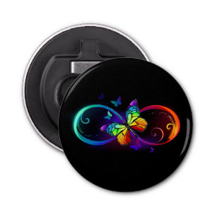 Vibrant infinity with rainbow butterfly on black bottle opener