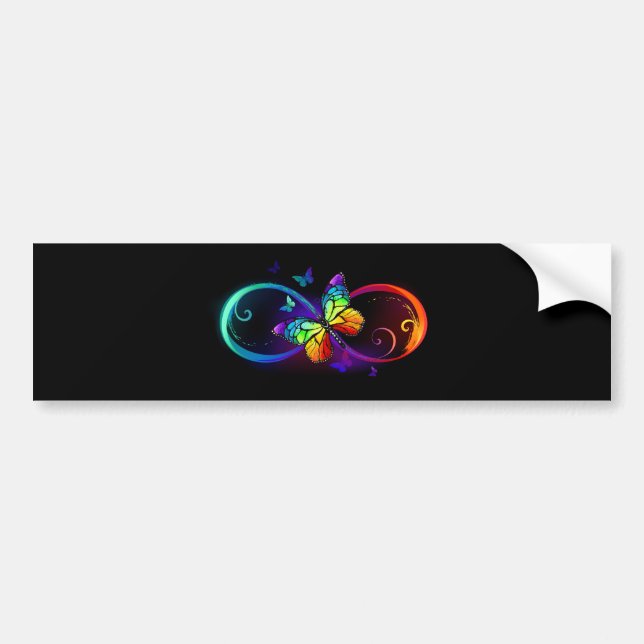 Vibrant infinity with rainbow butterfly on black bumper sticker (Front)