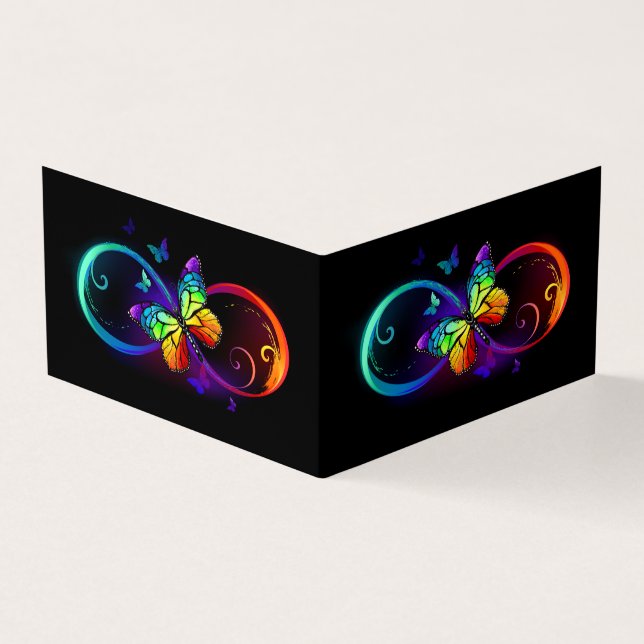 Vibrant infinity with rainbow butterfly on black business card (Outside)