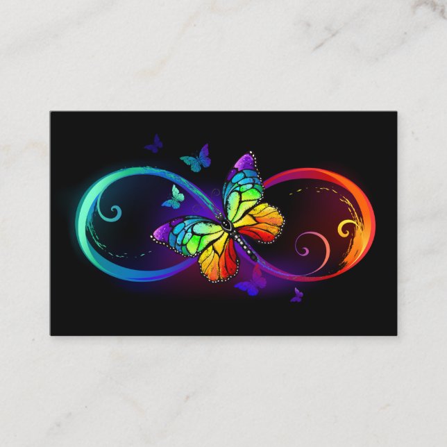 Vibrant infinity with rainbow butterfly on black business card (Front)