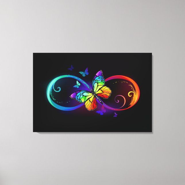 Vibrant infinity with rainbow butterfly on black canvas print (Front)
