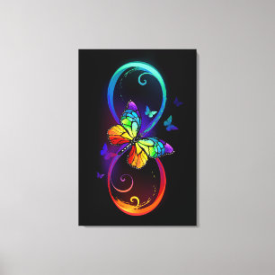 Vibrant infinity with rainbow butterfly on black canvas print