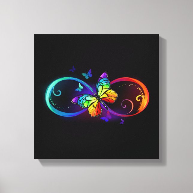 Vibrant infinity with rainbow butterfly on black canvas print (Front)