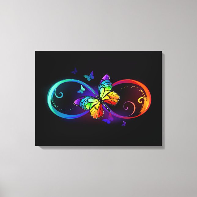 Vibrant infinity with rainbow butterfly on black canvas print (Front)