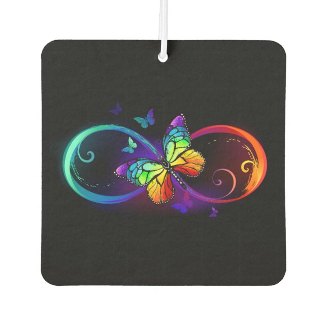 Vibrant infinity with rainbow butterfly on black car air freshener (Front)