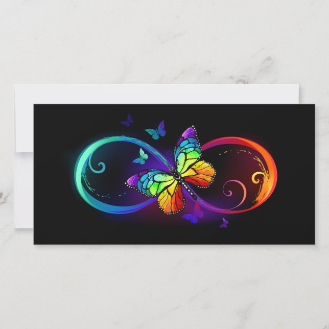 Vibrant infinity with rainbow butterfly on black card (Front)