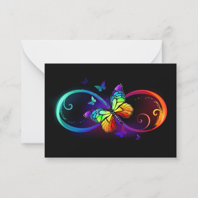 Vibrant infinity with rainbow butterfly on black card (Front)