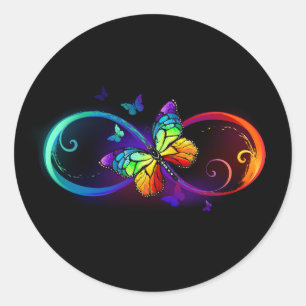 Vibrant infinity with rainbow butterfly on black classic round sticker