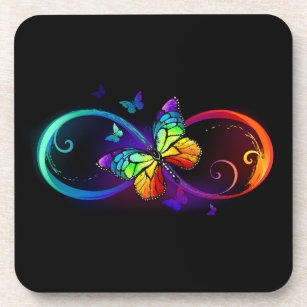 Vibrant infinity with rainbow butterfly on black coaster