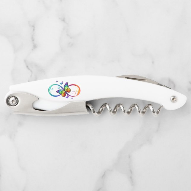 Vibrant infinity with rainbow butterfly on black corkscrew (Front)