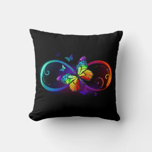Vibrant infinity with rainbow butterfly on black cushion