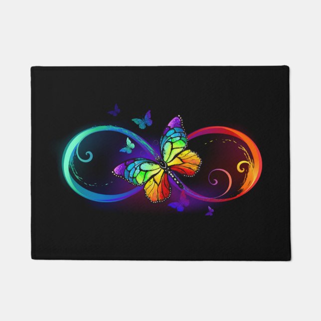 Vibrant infinity with rainbow butterfly on black doormat (Front)