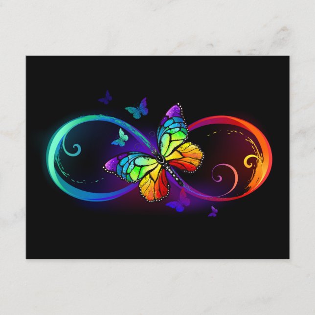 Vibrant infinity with rainbow butterfly on black enclosure card (Front)