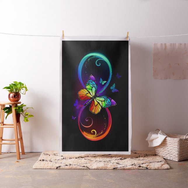 Vibrant infinity with rainbow butterfly on black fabric (In Situ)