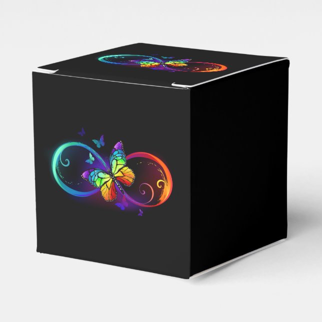 Vibrant infinity with rainbow butterfly on black favour box (Front Side)