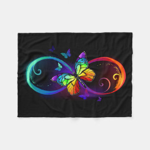 Vibrant infinity with rainbow butterfly on black fleece blanket