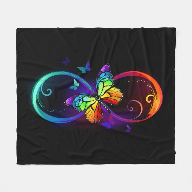 Vibrant infinity with rainbow butterfly on black fleece blanket (Front (Horizontal))