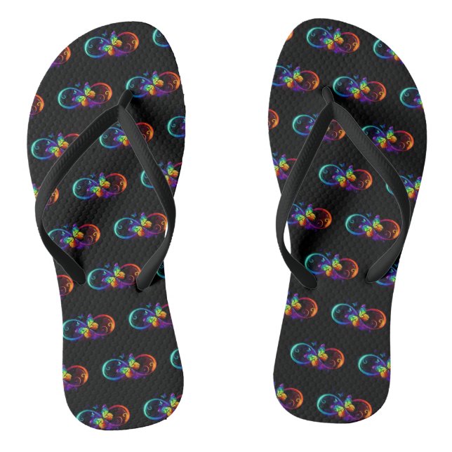 Vibrant infinity with rainbow butterfly on black flip flops (Footbed)