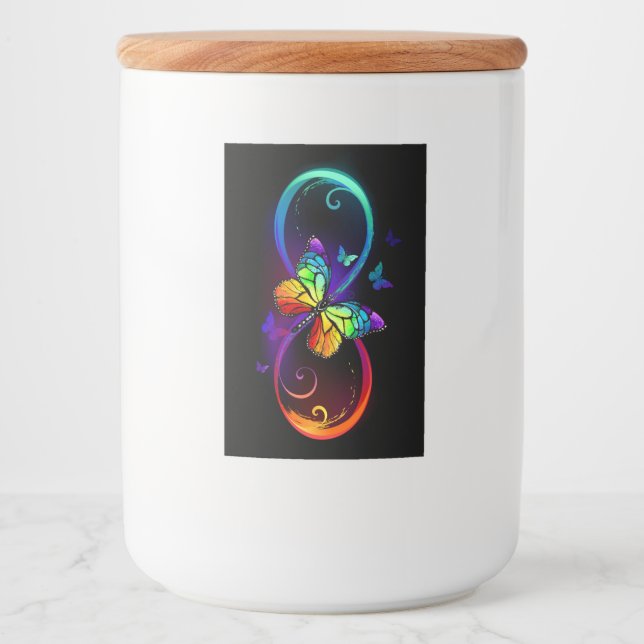 Vibrant infinity with rainbow butterfly on black food label (Front)