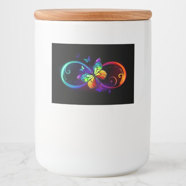Vibrant infinity with rainbow butterfly on black food label (Front)