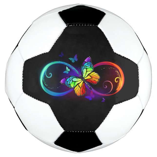 Vibrant infinity with rainbow butterfly on black football (Front)