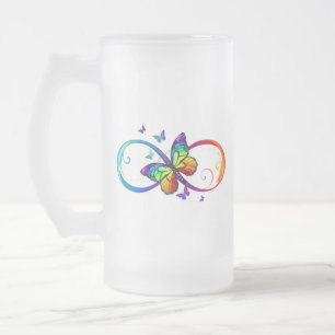 Vibrant infinity with rainbow butterfly on black frosted glass beer mug