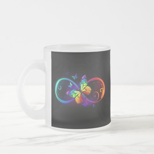 Vibrant infinity with rainbow butterfly on black frosted glass coffee mug (Left)