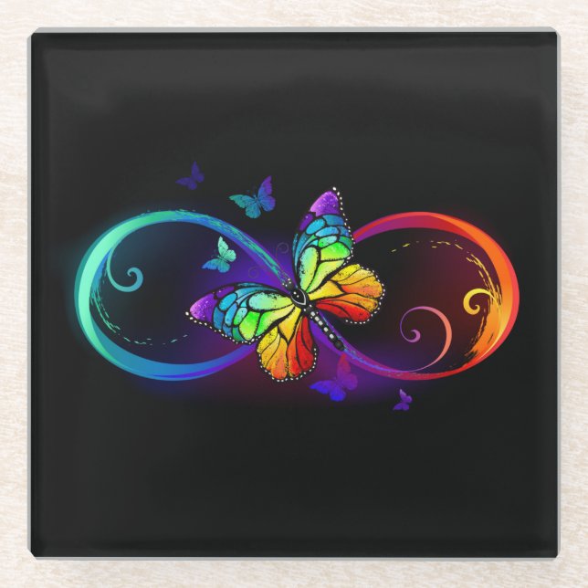 Vibrant infinity with rainbow butterfly on black glass coaster (Front)