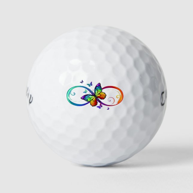 Vibrant infinity with rainbow butterfly on black  golf balls (Front)