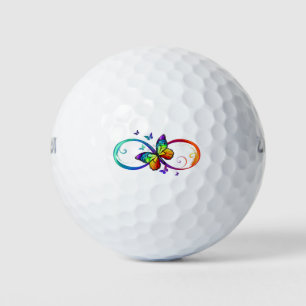 Vibrant infinity with rainbow butterfly on black golf balls