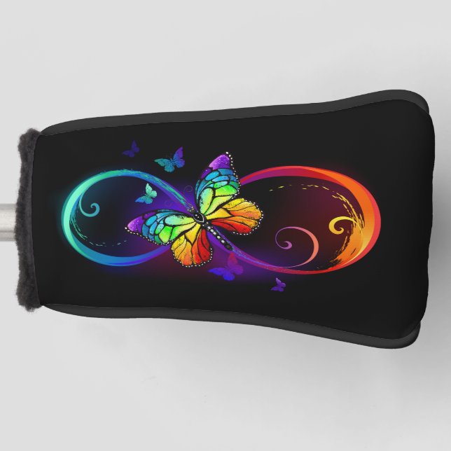 Vibrant infinity with rainbow butterfly on black golf head cover (Front)