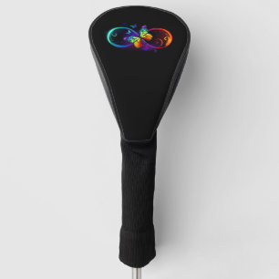 Vibrant infinity with rainbow butterfly on black golf head cover
