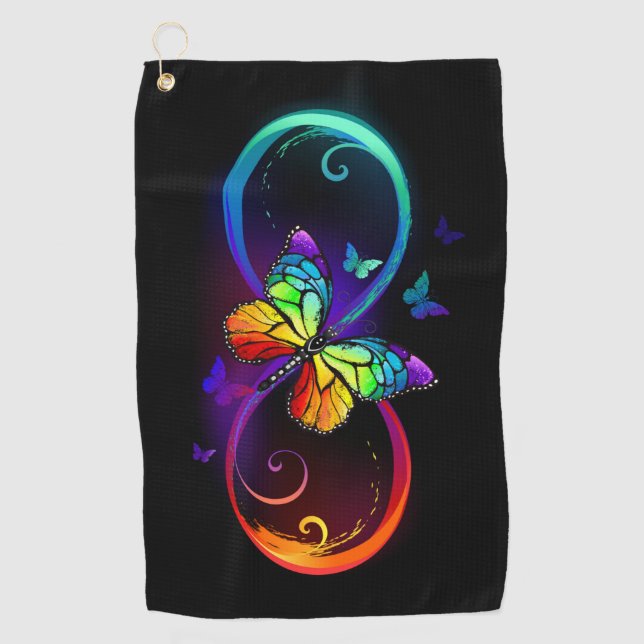 Vibrant infinity with rainbow butterfly on black golf towel (Front)