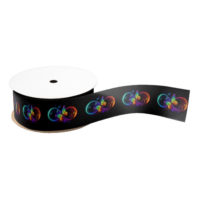 Vibrant infinity with rainbow butterfly on black grosgrain ribbon (Spool)